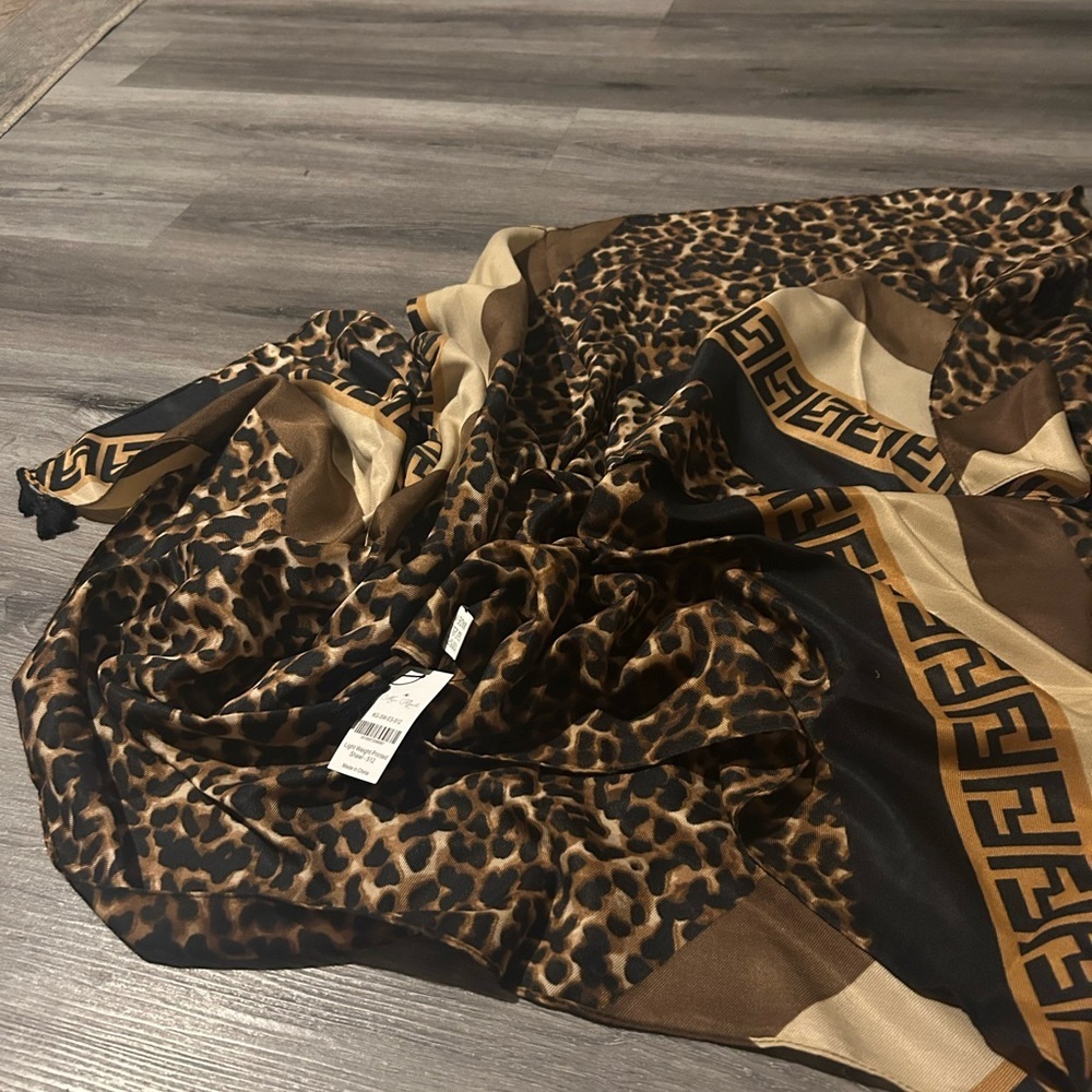 Leopard Print Shawl with Geometric Border